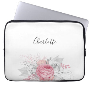 Pink white flowers silver foliage name elegant laptop sleeve
