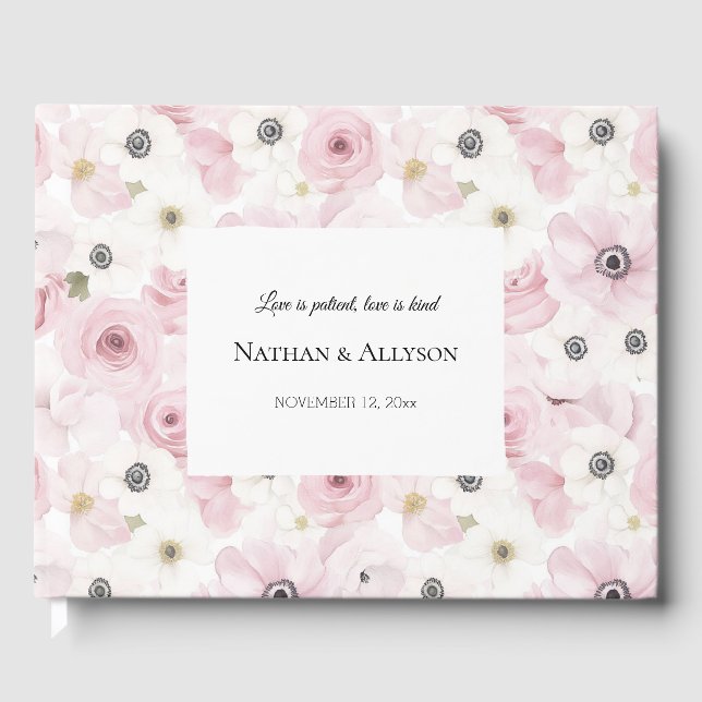 Pink White Flowers Wedding Guest Book (Front)