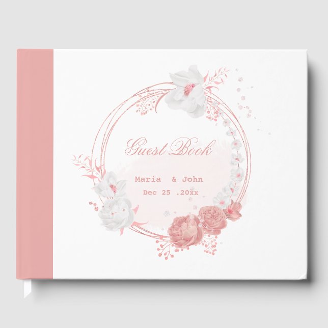 pink & white flowers wreath wedding guest book (Front)