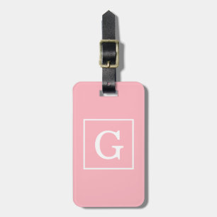 Pink White Framed Initial Monogram Luggage Tag