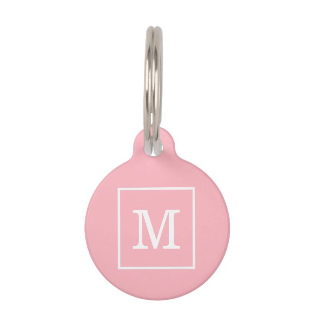 Pink White Framed Initial Monogram Pet Tag (Front)