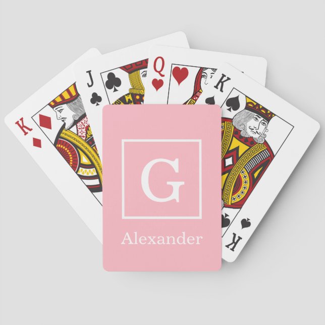 Pink White Framed Initial Monogram Playing Cards (Back)