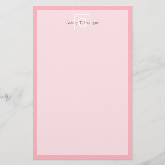 Pink White Framed Initial Monogram Stationery (Front)