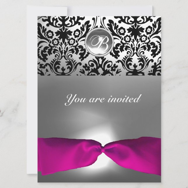 PINK WHITE FUCHSIA DAMASK GEM STONE MONOGRAM INVITATION (Front)