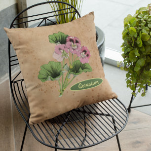Pink White Geranium Flower Spotted Brown Paper Cushion