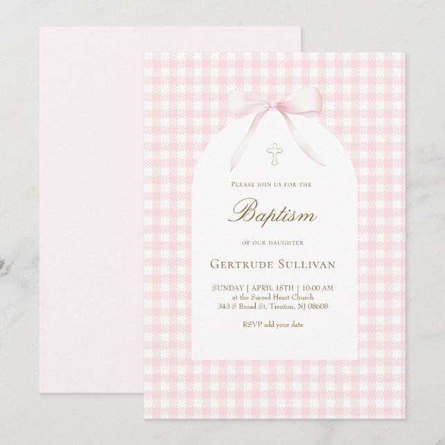 pink white gingham Baptism girl Invitation (Front/Back)