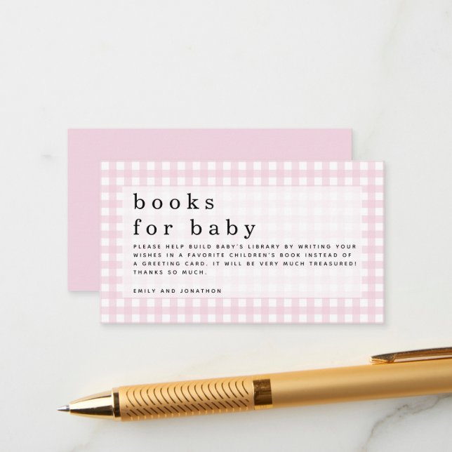 Pink White Gingham Books for Baby Enclosure Card (Front/Back In Situ)
