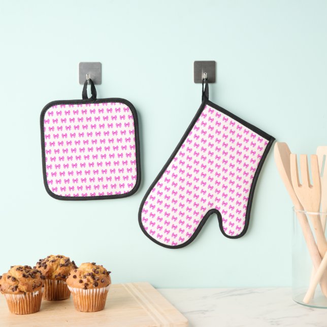 Pink-white gingham bow pattern oven mitt & pot holder set (Insitu(Hanging))