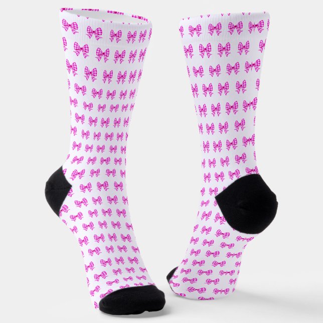 Pink-white gingham bow pattern socks (Angled)