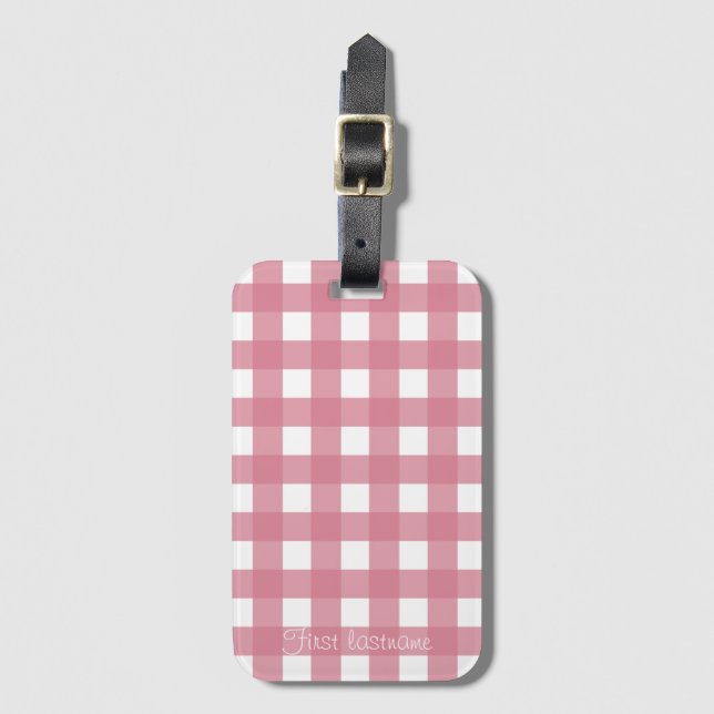 Pink White Gingham Check Plaid Luggage Tag (Front Vertical)