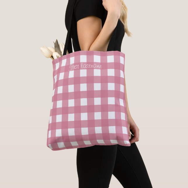 Pink White Gingham Check Plaid Tote Bag (Close Up)