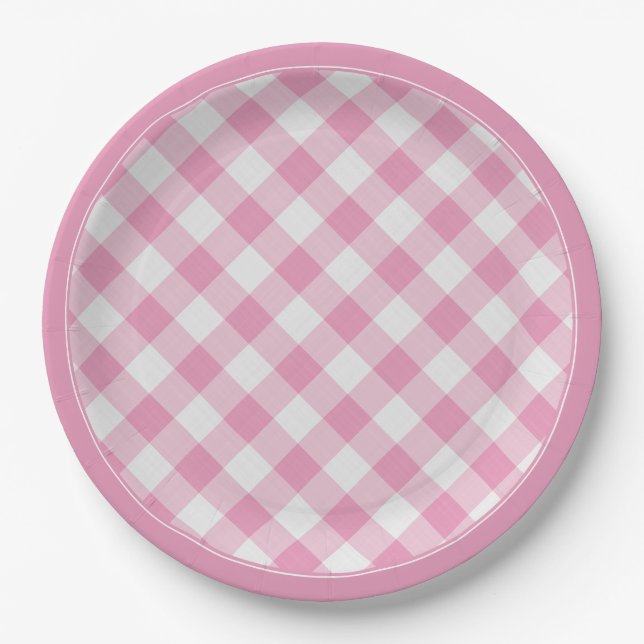 Pink/White Gingham Checks Pattern Simple Plaid Paper Plate (Front)