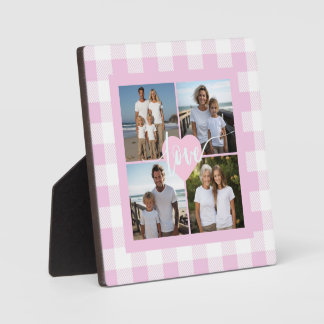 Pink white gingham elegant 4 photo love heart plaque