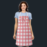 Pink White Gingham Name & Initial Apron<br><div class="desc">Pink gingham apron with your initial in pale red and last name in white.</div>