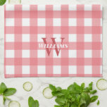 Pink White Gingham Name & Initial Tea Towel<br><div class="desc">Pink gingham kitchen towel with your initial in pale red and last name in white.</div>