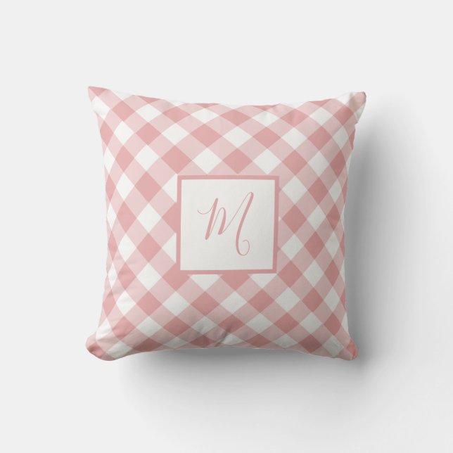 Pink White Gingham Plaid Modern Chic Monogram Cushion (Front)