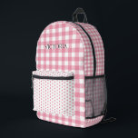 Pink White Gingham Polkadot Personalized  Printed Backpack<br><div class="desc">Sweet pink and white gingham plaid pattern with pink and white polkadot accent pattern on front.  Add your name to personalize.</div>