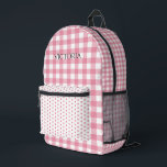 Pink White Gingham Polkadot Personalized  Printed Backpack<br><div class="desc">Sweet pink and white gingham plaid pattern with pink and white polkadot accent pattern on front.  Add your name to personalize.</div>