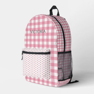 Pink White Gingham Polkadot Personalized  Printed Backpack