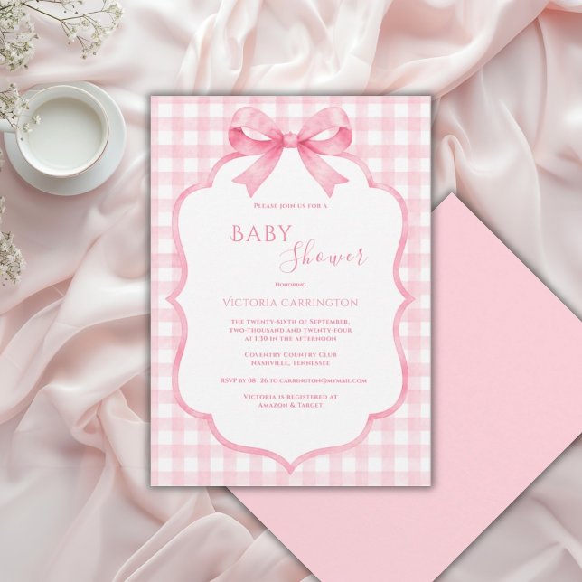 Pink White Gingham Whimsical Baby Shower Invitation (Creator Uploaded)