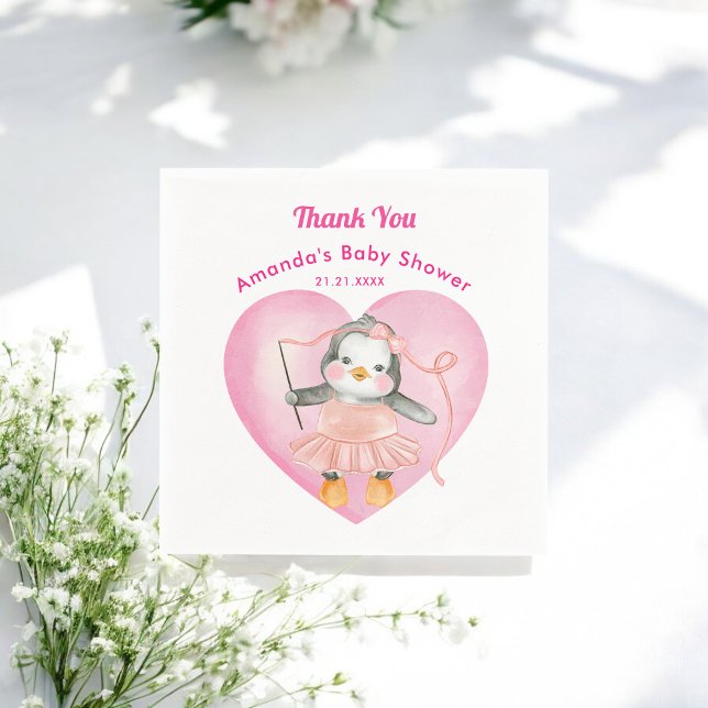 Pink White Girl Baby Shower Penguin Paper Napkin (Creator Uploaded)
