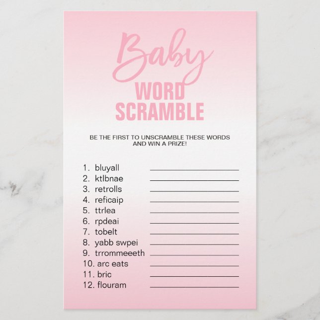 Pink White Girl Baby Shower WORD SCRAMBLE Flyer (Front)