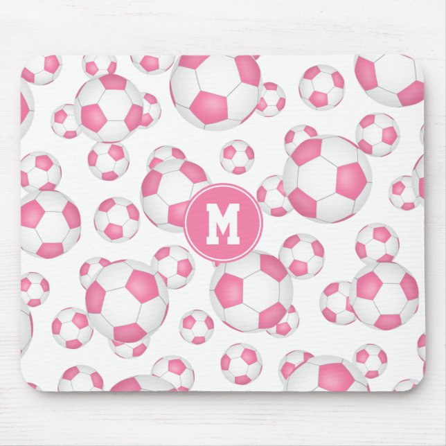 pink white girly sports soccer balls pattern mouse pad (Front)
