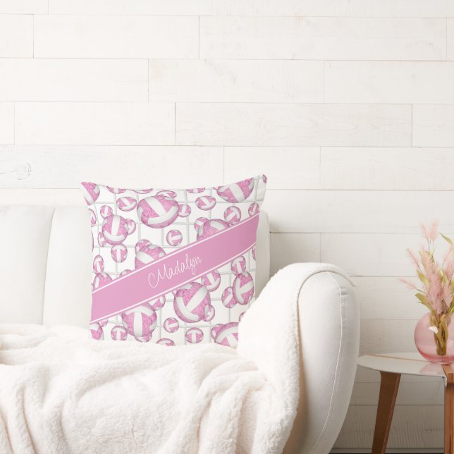 Pink white girly volleyballs pattern net accent cushion (Couch)
