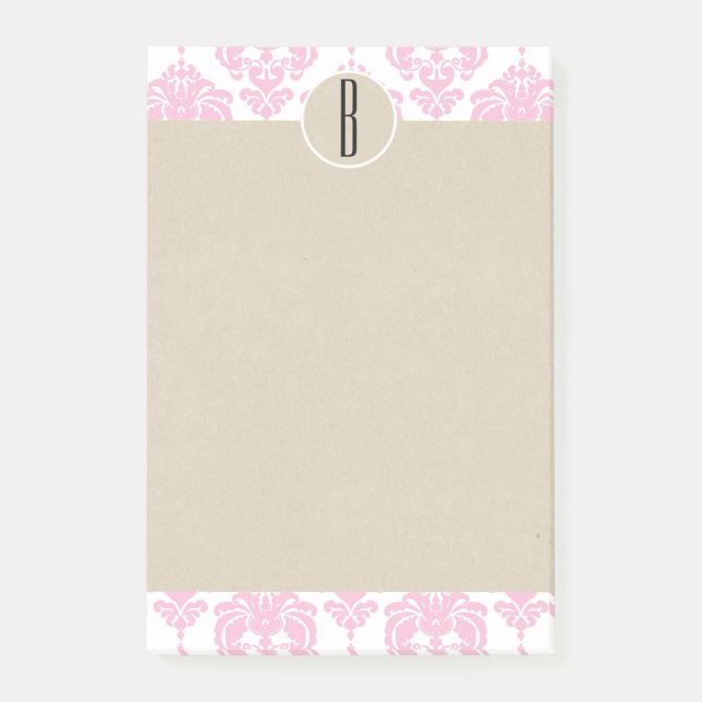 Pink White Glam Damask Kraft Monogram Initial Post-it Notes (Front)
