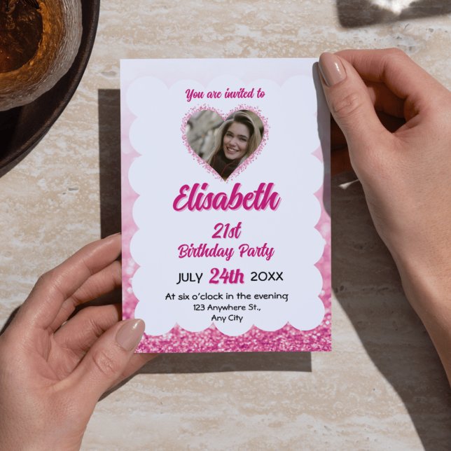 Pink & White Glitter 15th Birthday Photo  Invitation (Pink & White Glitter 15th Birthday Photo Invitations - Festive & Feminine Quinceañera/Sweet 15 Party)