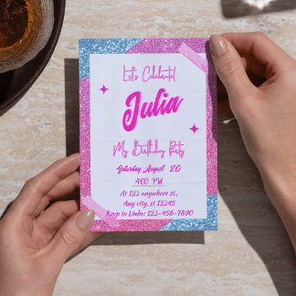 Pink, White & Glitter Girl Birthday Party  Invitation