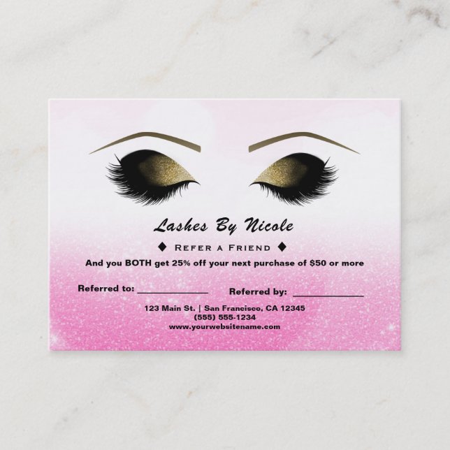 Pink White Glitter Lashes Refer Friend Aftercare Referral Card (Front)