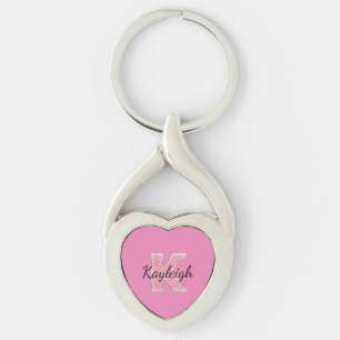 Pink White Glitter letter K Key Ring