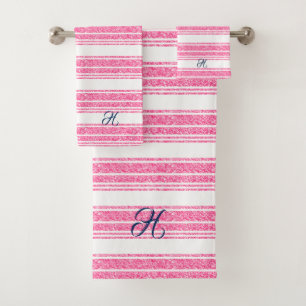 Pink & White Glitter Stripes Monogram Bath Towel Set