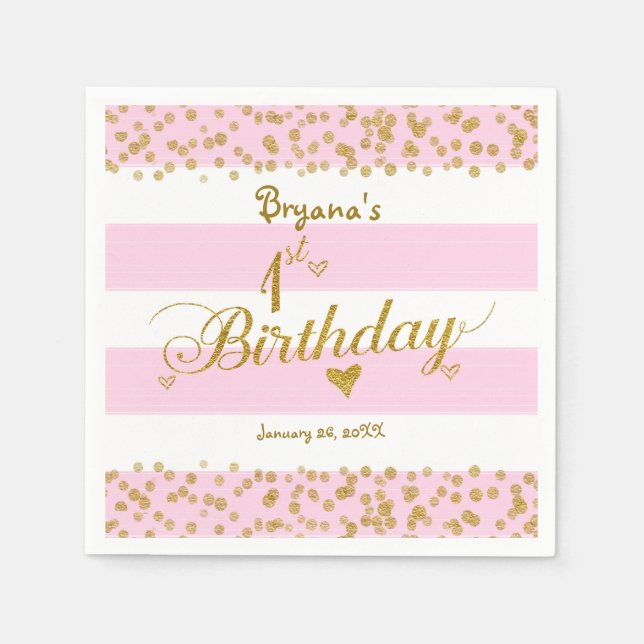 Pink White & Gold 1ST BIRTHDAY Party Napkins (Front)