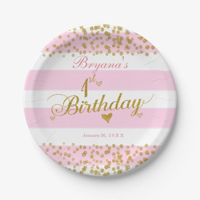 Pink White & Gold 1ST BIRTHDAY Party Paper Plates (Front)