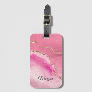 Pink White Gold Agate & Gold Stars, DIY Name Black Luggage Tag
