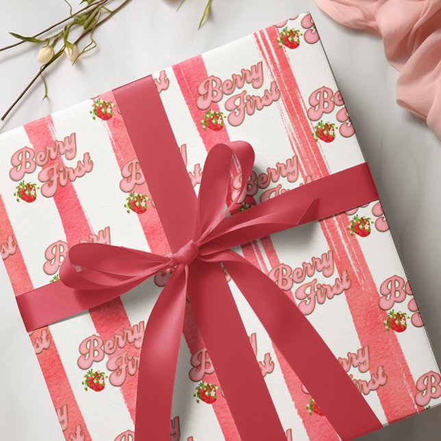 Pink White Gold Berry First Birthday Strawberry Wrapping Paper (Creator Uploaded)