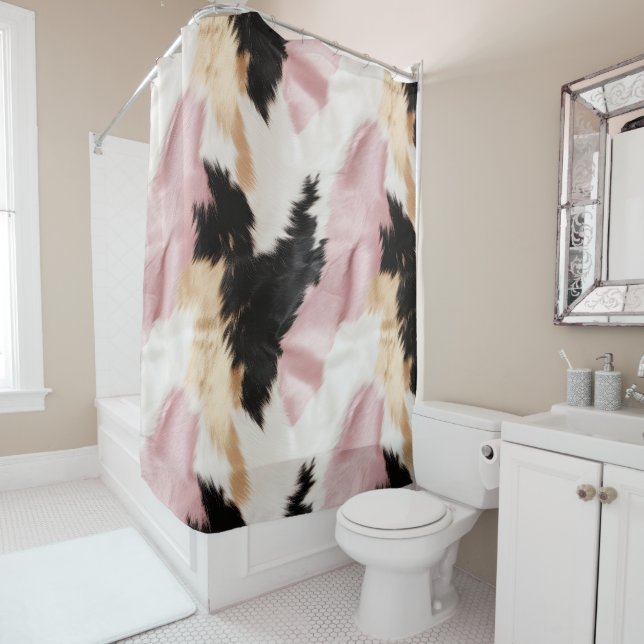 Pink White Gold Black Cowhide Animal Shower Curtain (In Situ)