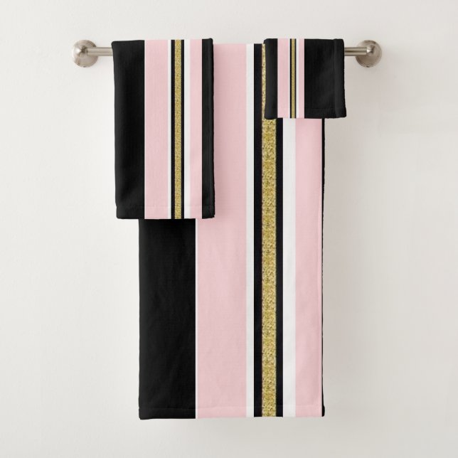 Pink & White Gold Black Stripe Bathroom Towel Sets (Insitu)