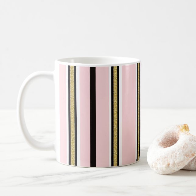 Pink & White Gold Black Stripe Mug (With Donut)