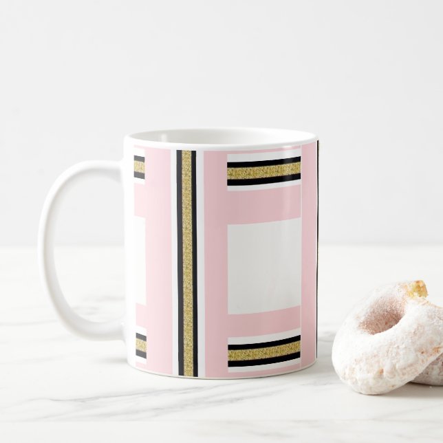 Pink & White Gold Black Stripe Mug (With Donut)