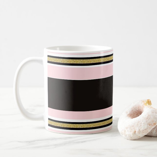 Pink & White Gold Black Stripe Mug (With Donut)