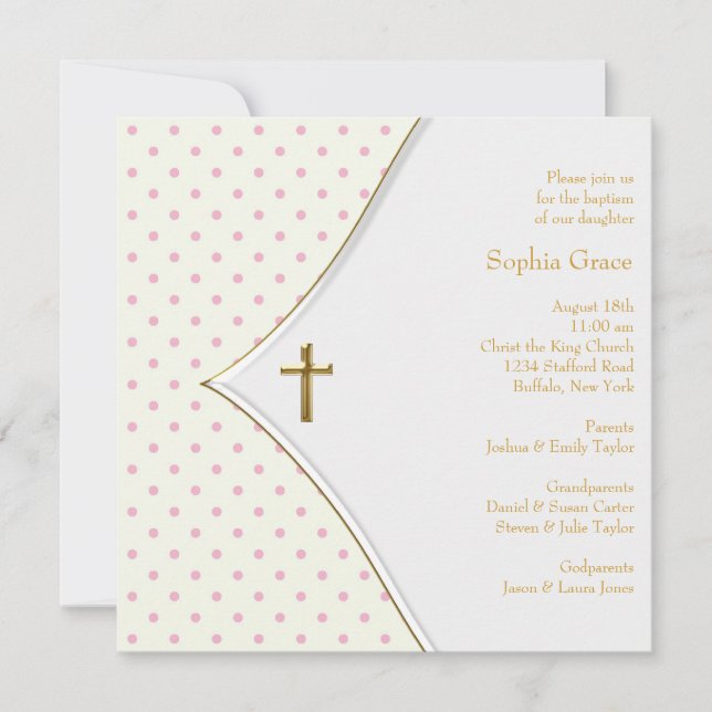 Pink White Gold Cross Baby Girl Christening Invitation (Front)