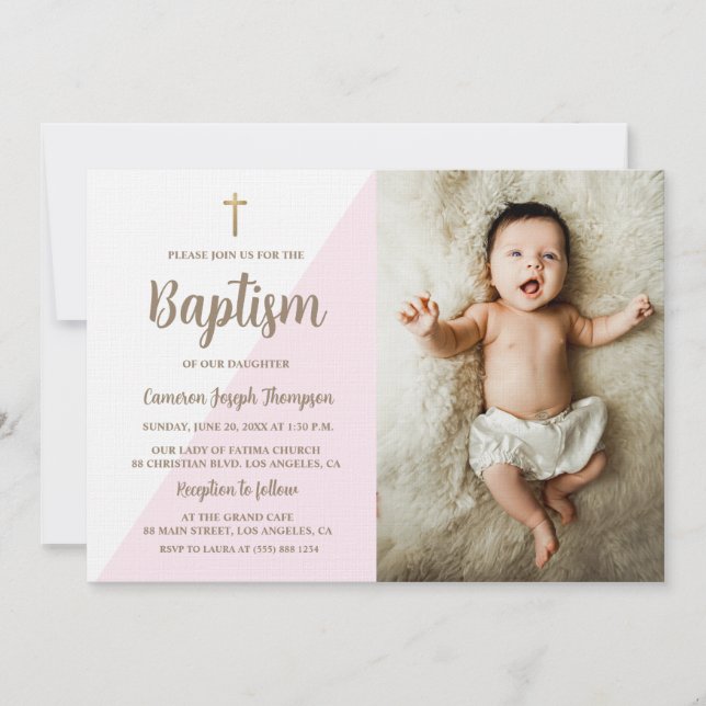 Pink White Gold Cross Baptism baby Girl photo Invitation (Front)