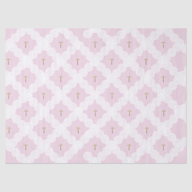 Pink White Gold Cross Pattern Baptism Tissue Paper (Front)