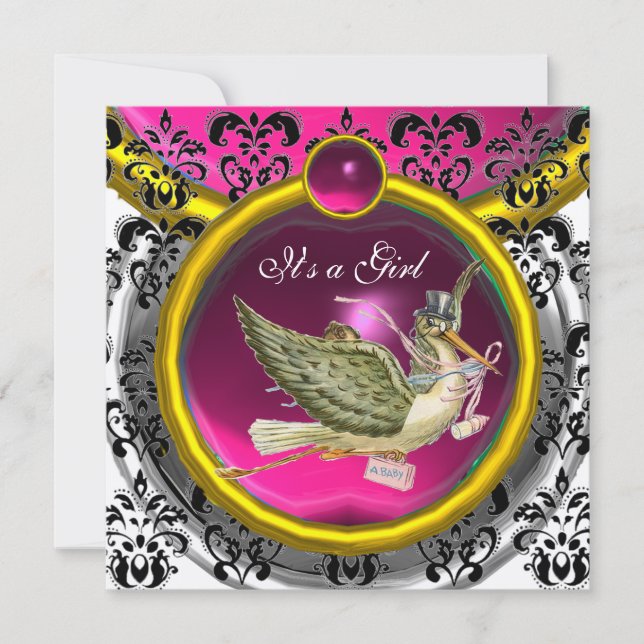 PINK WHITE GOLD DAMASK STORK BABY SHOWER MONOGRAM INVITATION (Front)