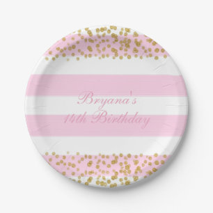 Pink White & Gold Faux Confetti Party Paper Plates