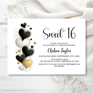 Pink White Gold Heart Theme Sweet 16 Birthday Invitation