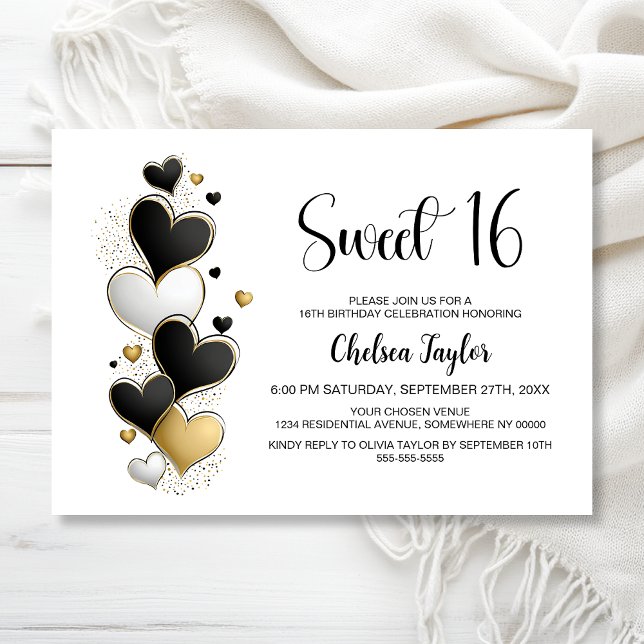 Pink White Gold Heart Theme Sweet 16 Birthday Invitation (Creator Uploaded)